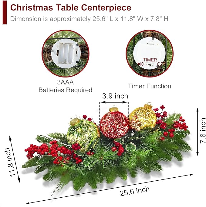 Christmas Centerpiece Table Decorations, Includes 3 LED Baubles Artificial Red Berries and Pine Cones Xmas Candelabrum for Dinning Room, Table, Fireplace, Mantel Decoration