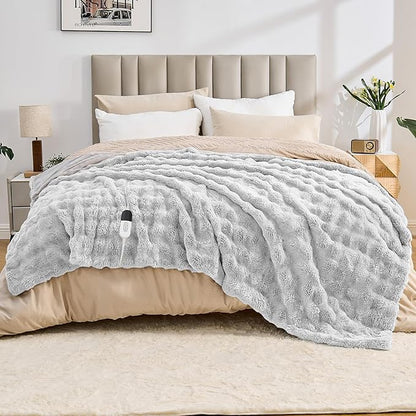 Heated Blanket Electric Throw Blanket 72''X 84''-Heating Blanket with 6 Heat Settings-10 Hours Auto Off,Cozy Faux Rabbit Fur Bubble Electric Blanket,Light Gray