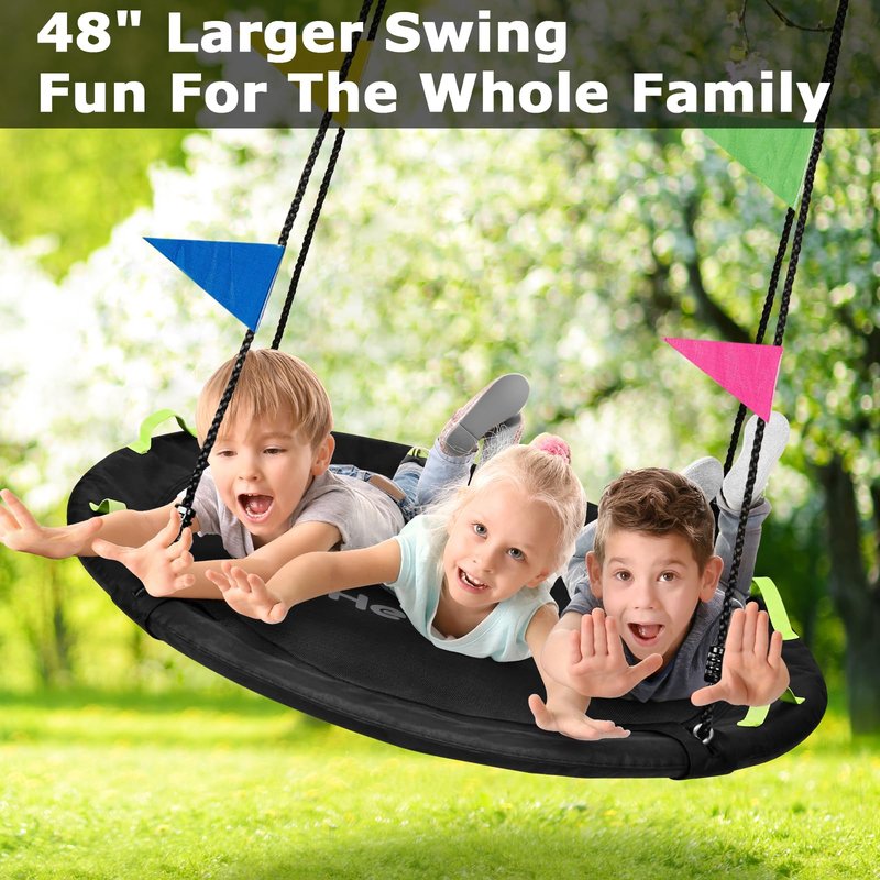 HeyZoo 48 inch Tree Swing, Larger Saucer Flying Swing for Whole Family, 900lbs Weight Capacity, with Adjustable Hanging Straps, for Outdoor Backyard, Gifts for Kids, Black