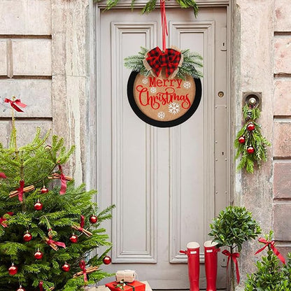 HOMCDALY Merry Christmas Welcome Sign for Front Door, Winter Merry Christmas Wreath with Light, Farmhouse Door Decoration Wooden Hanging Sign, Christmas Decoration (F-Xmas-Black)