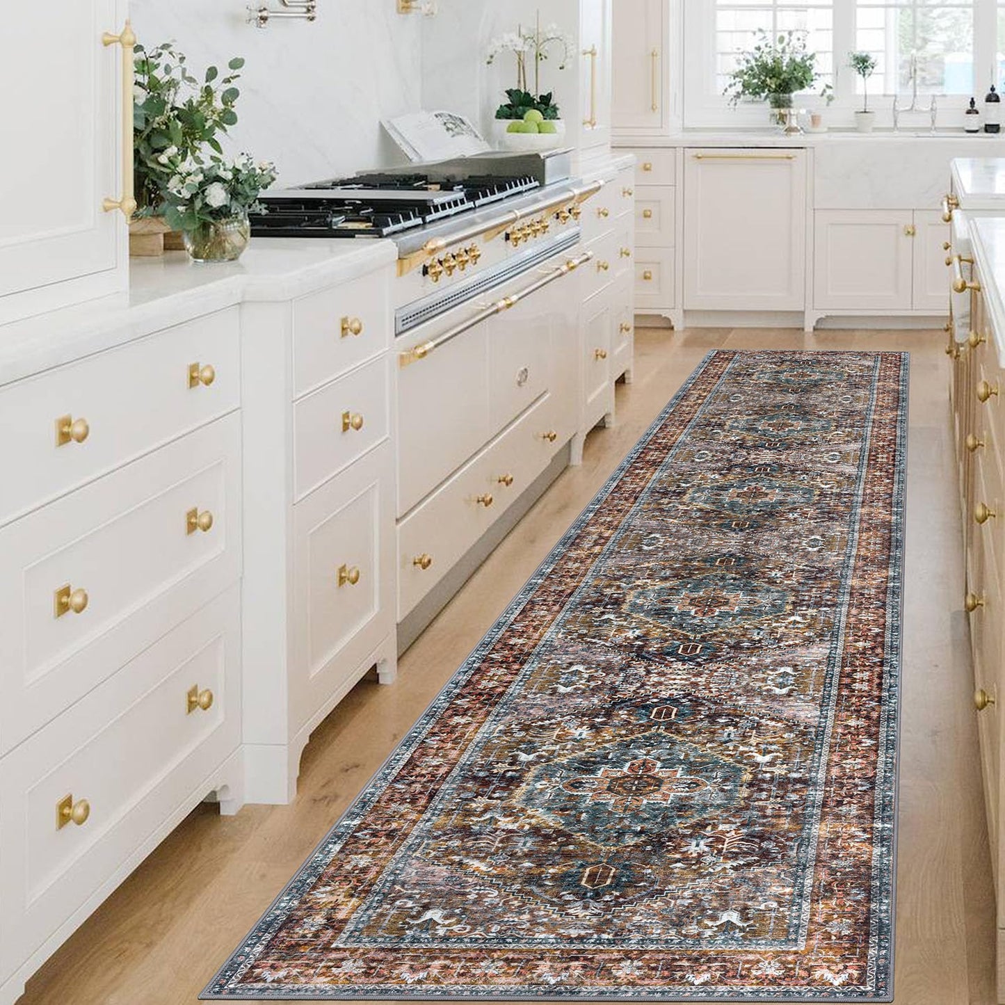 KOZYFLY Area Rug 3x14 Ft Washable Boho Runner Rug for Entryway Hallway Indoor Printed Faux Wool Carpet for Kitchen Bedroom Hall, Brick Red/Orange/Green
