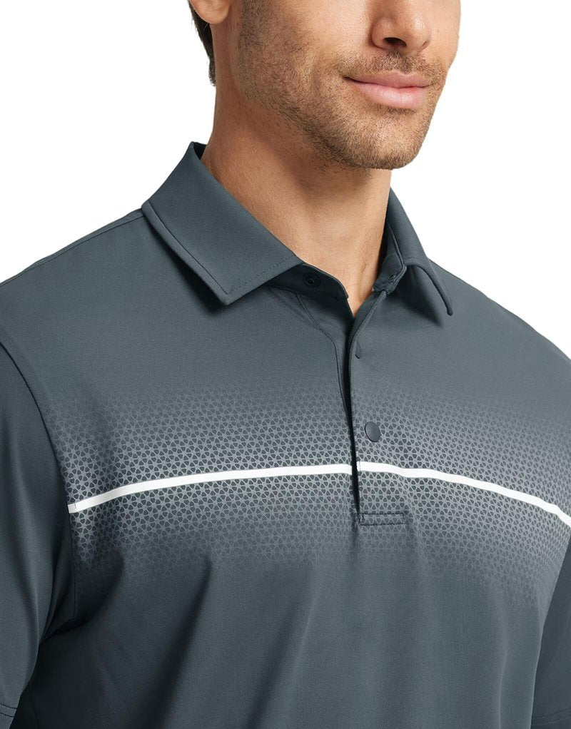 M MAELREG Golf Polo Shirts for Men Chest Striped Print Business Casual Collared Moisture Wicking Dry Fit Golf Polos Dark Grey