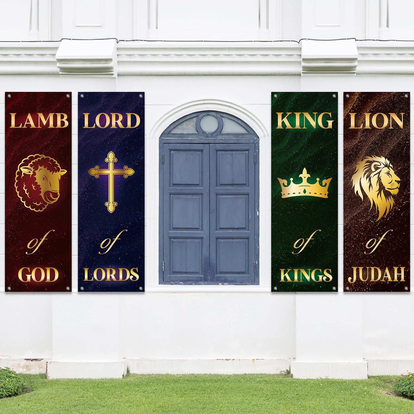4Pcs Church Banners for Sanctuary Wall Welcome Religious Banners Hanging Backdrop Classic Lion King Lord Lamb Church Banner Scripture Bible Verses Exquisite Banner for Holiday Sunday School Decor