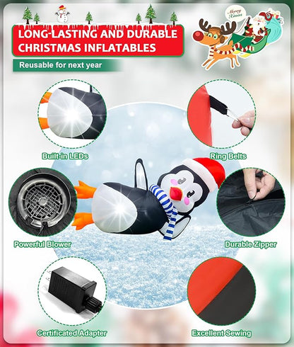 10Ft Christmas Inflatables Outdoor Decoration, Inflatable Penguin with Scarf Laying Down Christmas Blow Ups Yard Decoration for Garden, Lawn, Home Xmas Holiday Season Decor