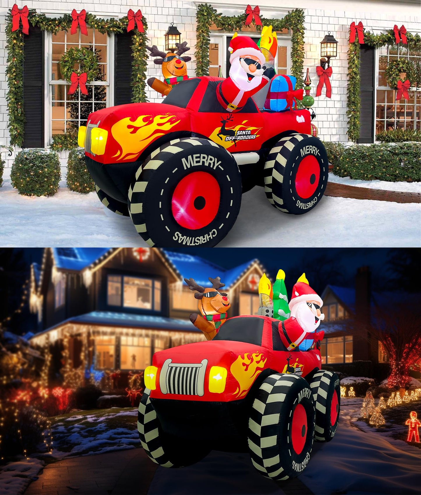 EAONE 7FT Christmas Inflatable Outdoor Decoration, Inflatable Santa Claus & Reindeer on Monster Truck, Blow Up Yard Decorations LED Lighted for Yard, Garden, Lawn, Home Xmas Holiday Decor