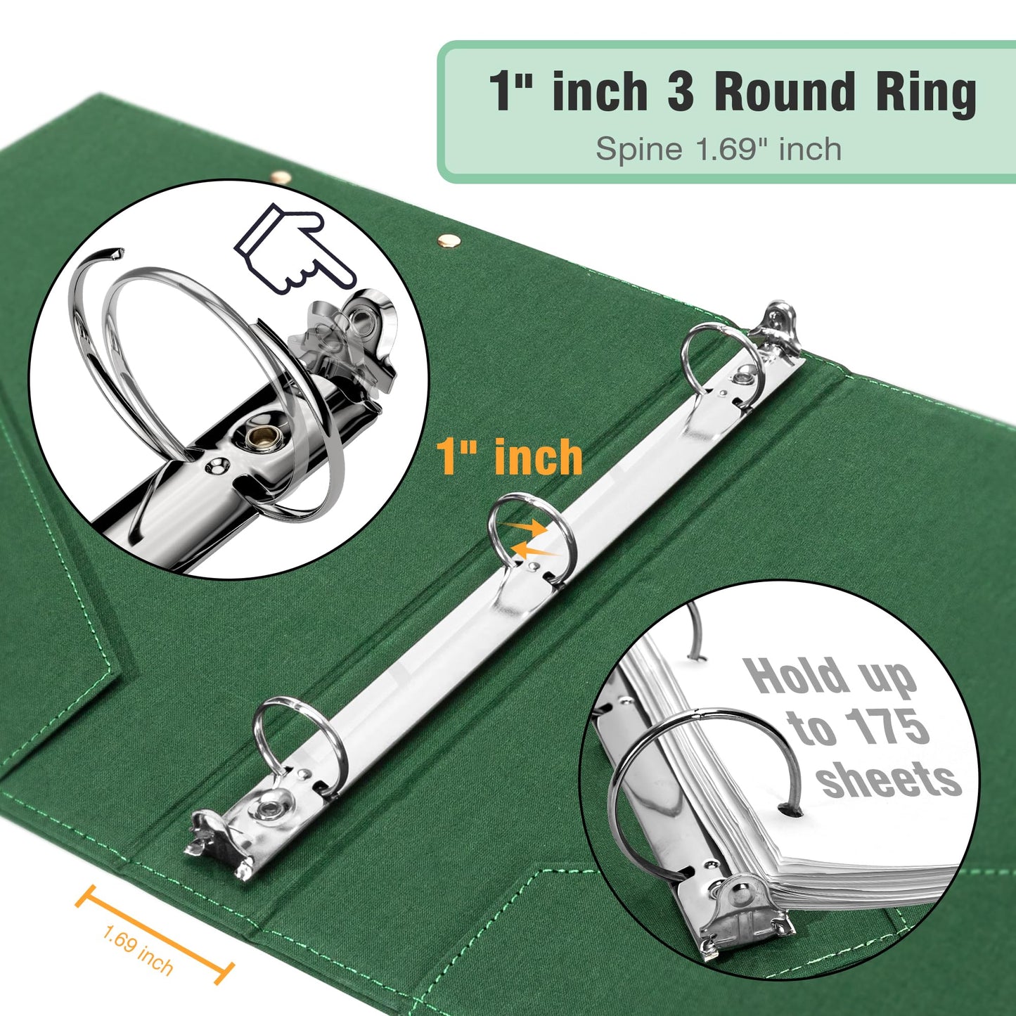 Ospelelf 3 Ring Binder 1 Inch Binder Organizer with Zipper Pouch, Linen Hardcover Portfolio Clipboards for Letter Size (8.5" x 11"), 5 Plastic Binder Dividers with 10 Pockets (Green)