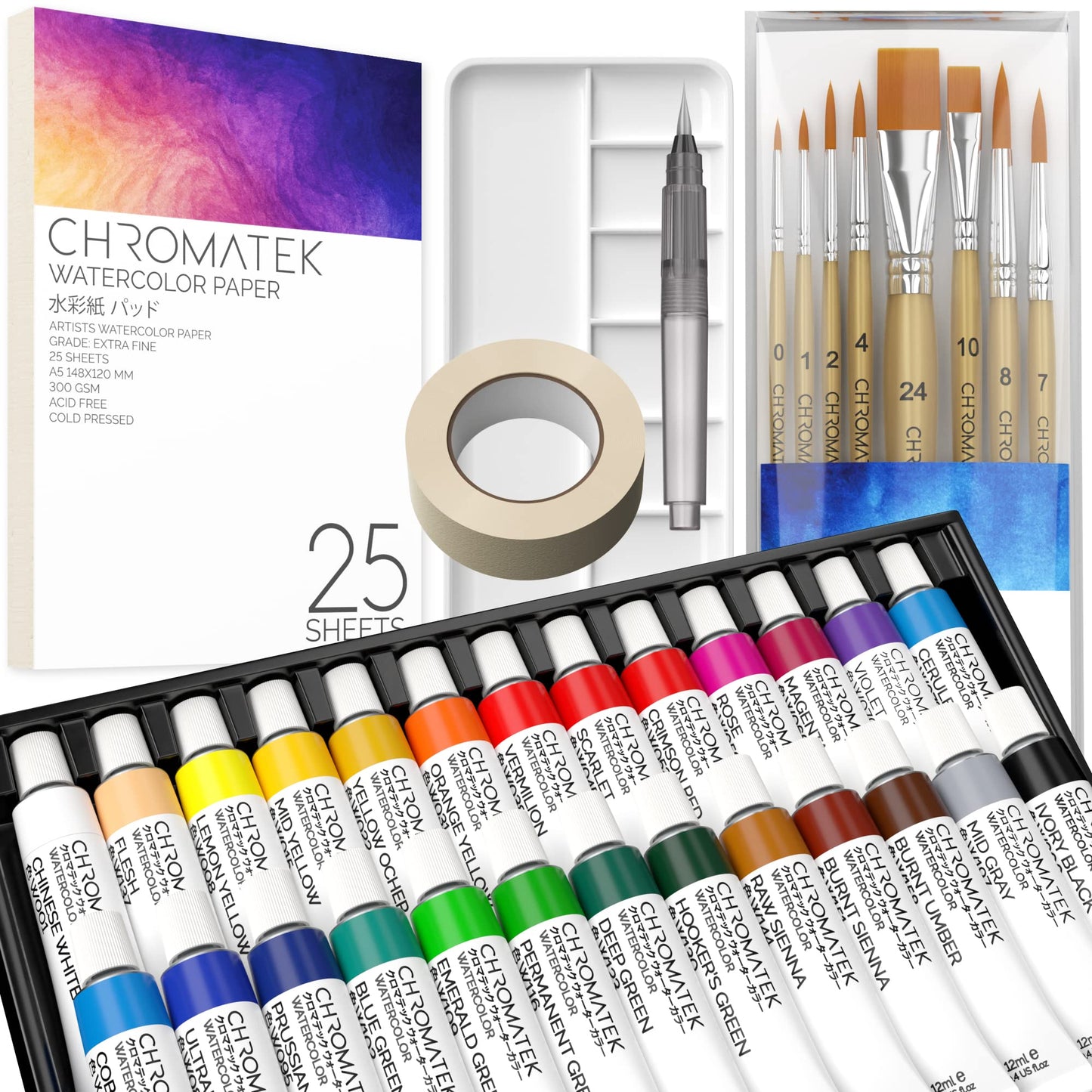 CHROMATEK Watercolor Paint Set - 62 Piece Kit for Adults, Beginner & Professional Artists - 26 Tubes (12ml), 25 Pages Sketch Pad, 8 Painting Brushes, Aquapen, Palette, Masking Tape - Art Supplies