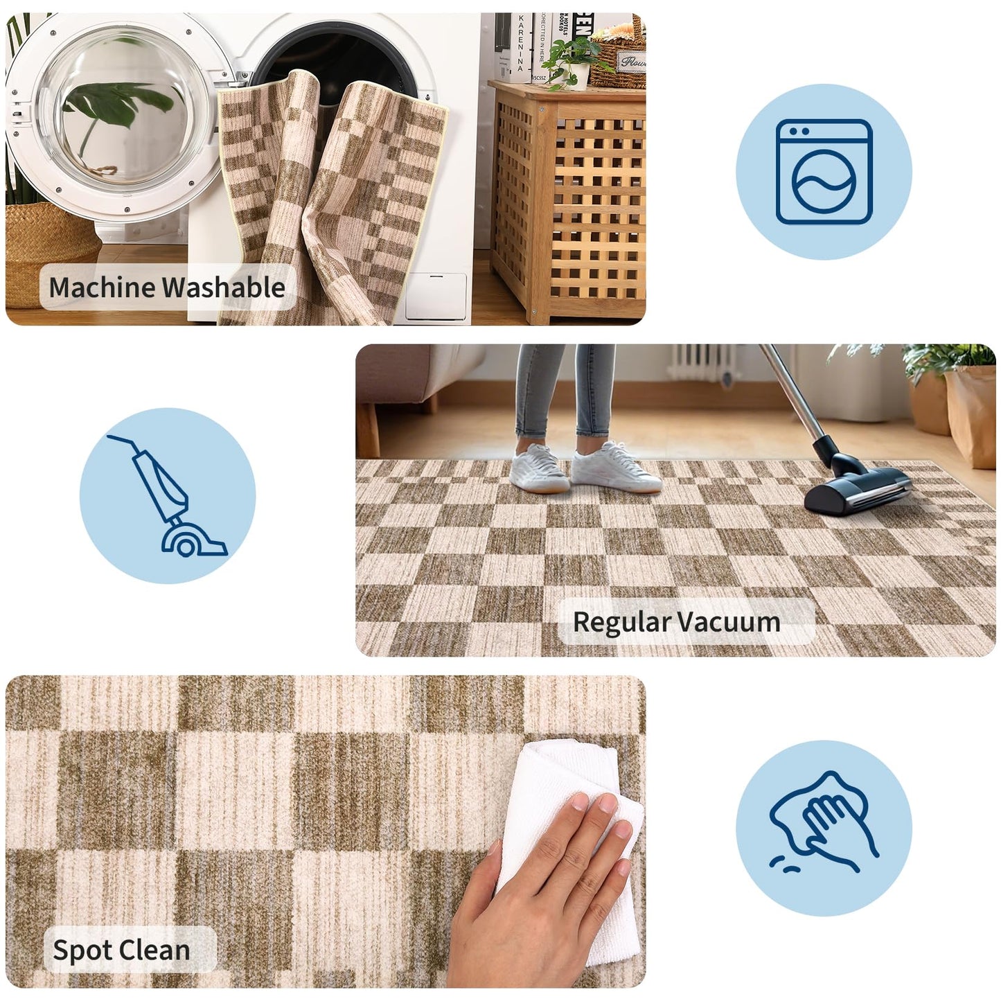 GarveeHome 2×6 Kitchen Runner Rug Non Slip Brown Checkered Rug,Washable Runner Rug for Hallway Soft Low-Pile Geometric Tan Brown Print Checkerboard Rugs for Entryway Kitchen Dining Room