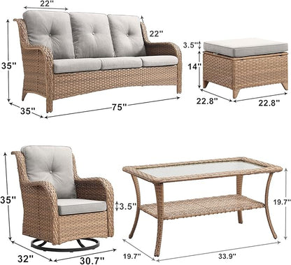 Patio Furniture Swivel Chairs Set - 8 Piece Wicker Rattan Outdoor Sectional Conversation Sets with 4 Swivel Rocking Chairs,2 Ottomans,1 Sofa and 1 Coffee Table for Porch Deck Garden(Yellow/Beige)