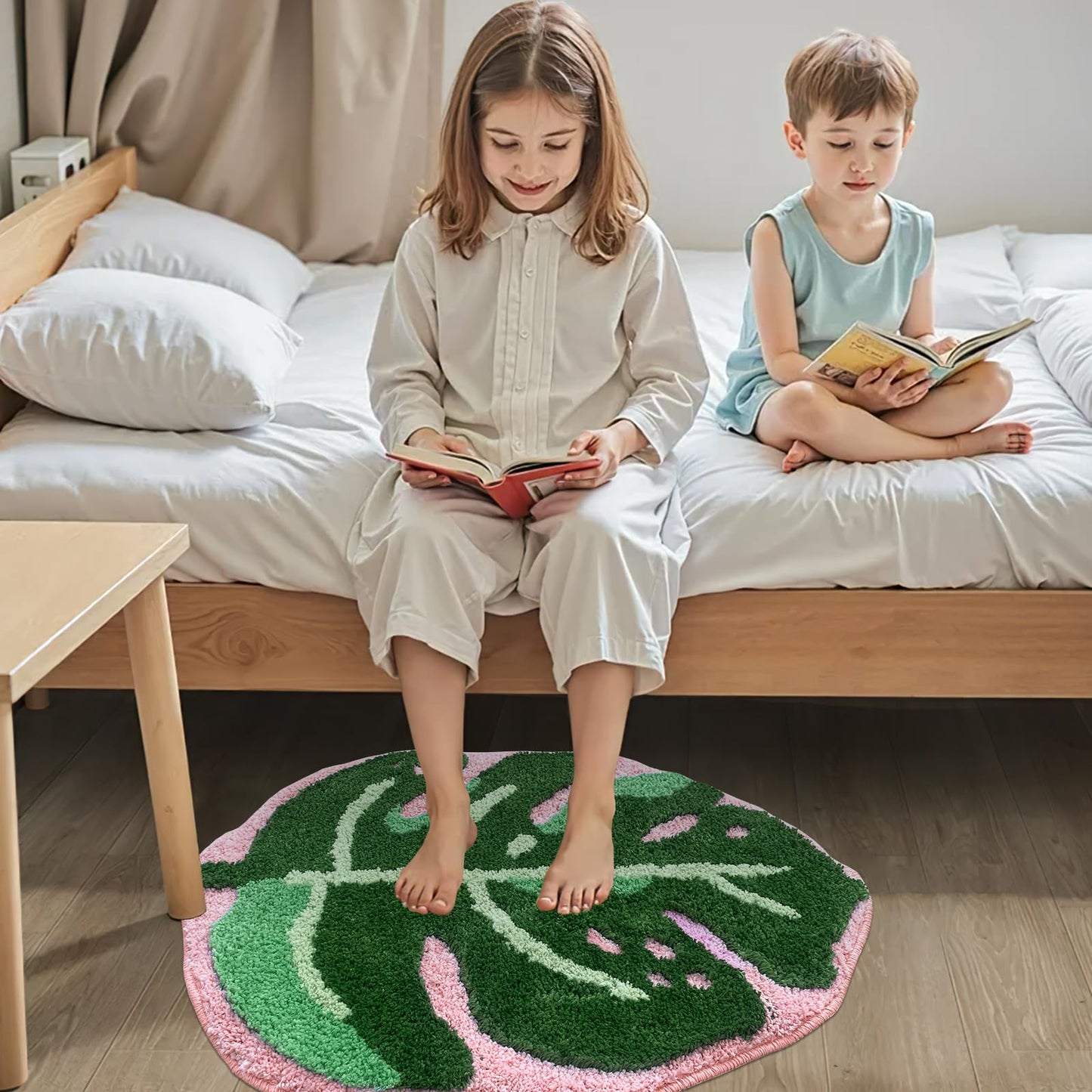 Sisher Leaf Rug,Monstera Bath Mat Cute Bathroom Mat Non Slip Palm Shaped Plush Fun Area Rug Bathtub Rugs Machine Washable Green and Pink Leaf Mat（21"X26"）