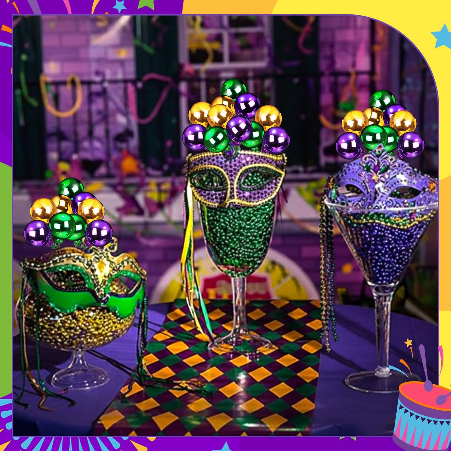 Syhood 12 Set 7.9 Inch Mardi Gras Ball Picks Shatterproof Purple Green and Gold Ball Ornaments on Wired Picks Glitter Carnival Glitter Stems for Mardi Gras Tree Vase DIY Decoration Supplies