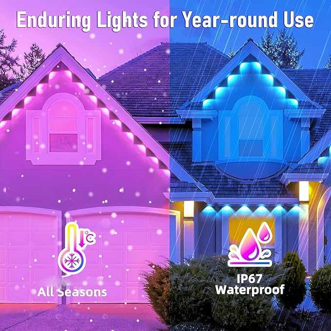 200FT Permanent Outdoor RGB Lights,IP67 Waterproof Smart LED Eaves Lights with App/Remote Control,for Christmas and All Holiday Decor,Daily and Accent Lighting,House Roof and Garden Lighting