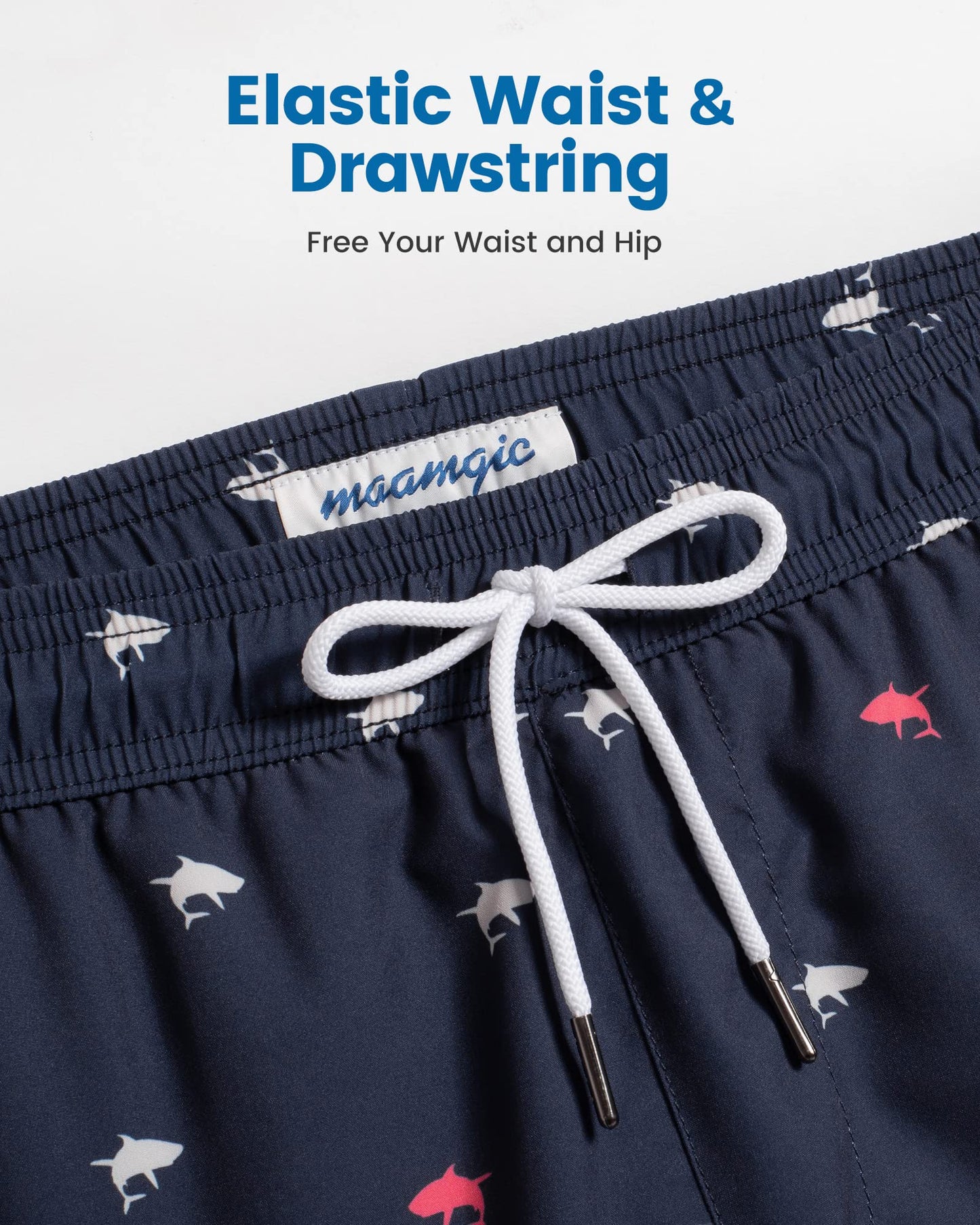 maamgic Mens Swim Trunks with Compression Liner 5 Inch, Quick Dry Bathing Suit with Zipper Pockets, Stretch No-Chafing Swim Shorts, Navy-Mini Shark Small