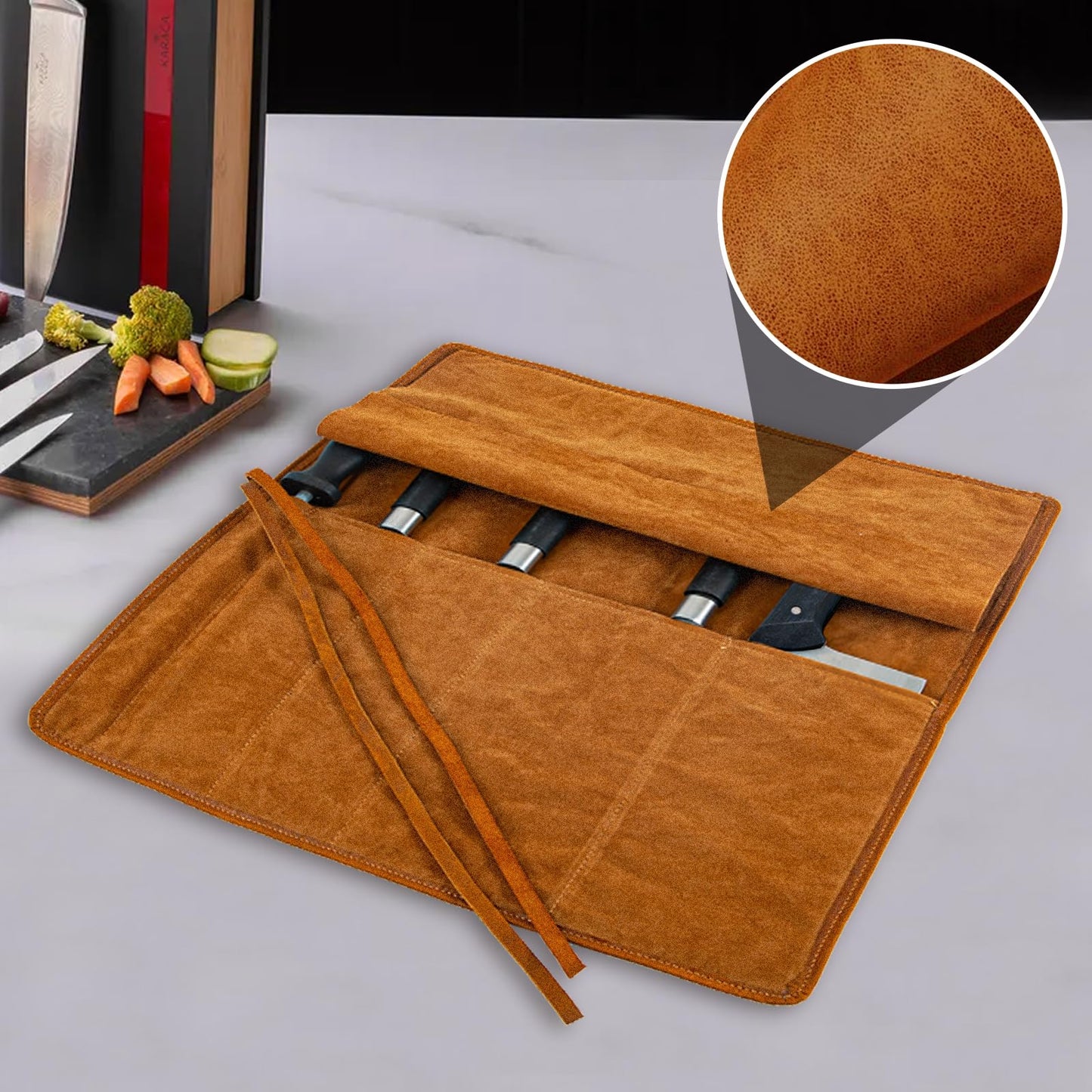 Baizoy Knife Roll Bag Genuine Leather,Chefs Professional 5 Knives and Cookware,Perfect for The Traveling Chef,Travel Tool Roll Pouch,No Tools Included