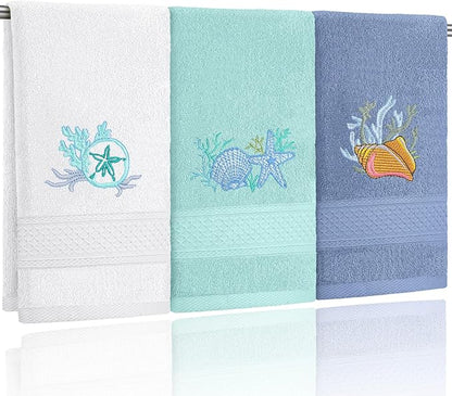 3 Pack Coastal Hand Towels for Bathroom 100% Cotton Embroidered Beach Bathroom