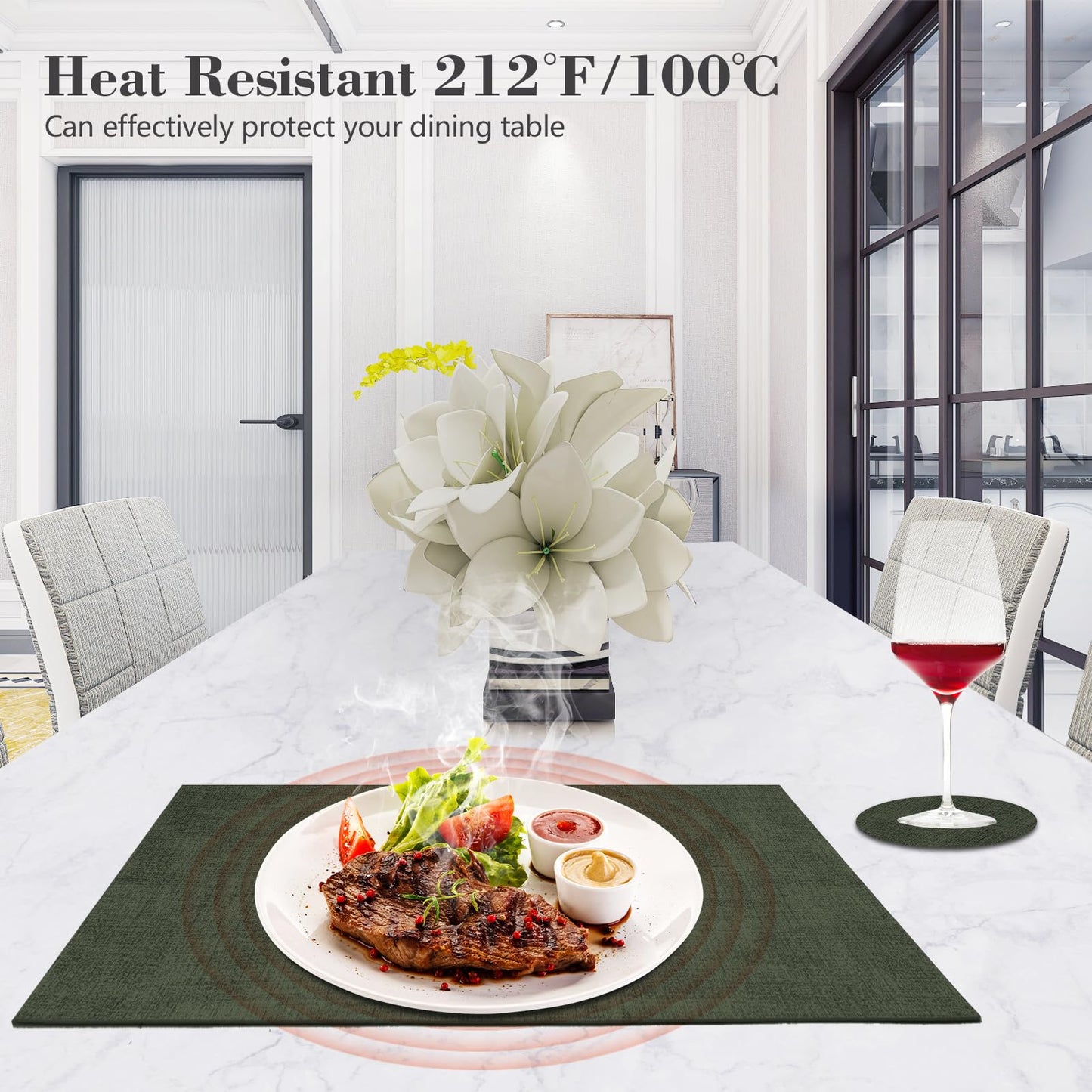 JUCCWARM Faux Leather Placemats Set of 6,Heat Resistant Placemats for Dining Table, Easy Clean Non-Slip Place Mats, Waterproof Stain Resistant Wipeable Washable PU Table Mats, (Dark Green)