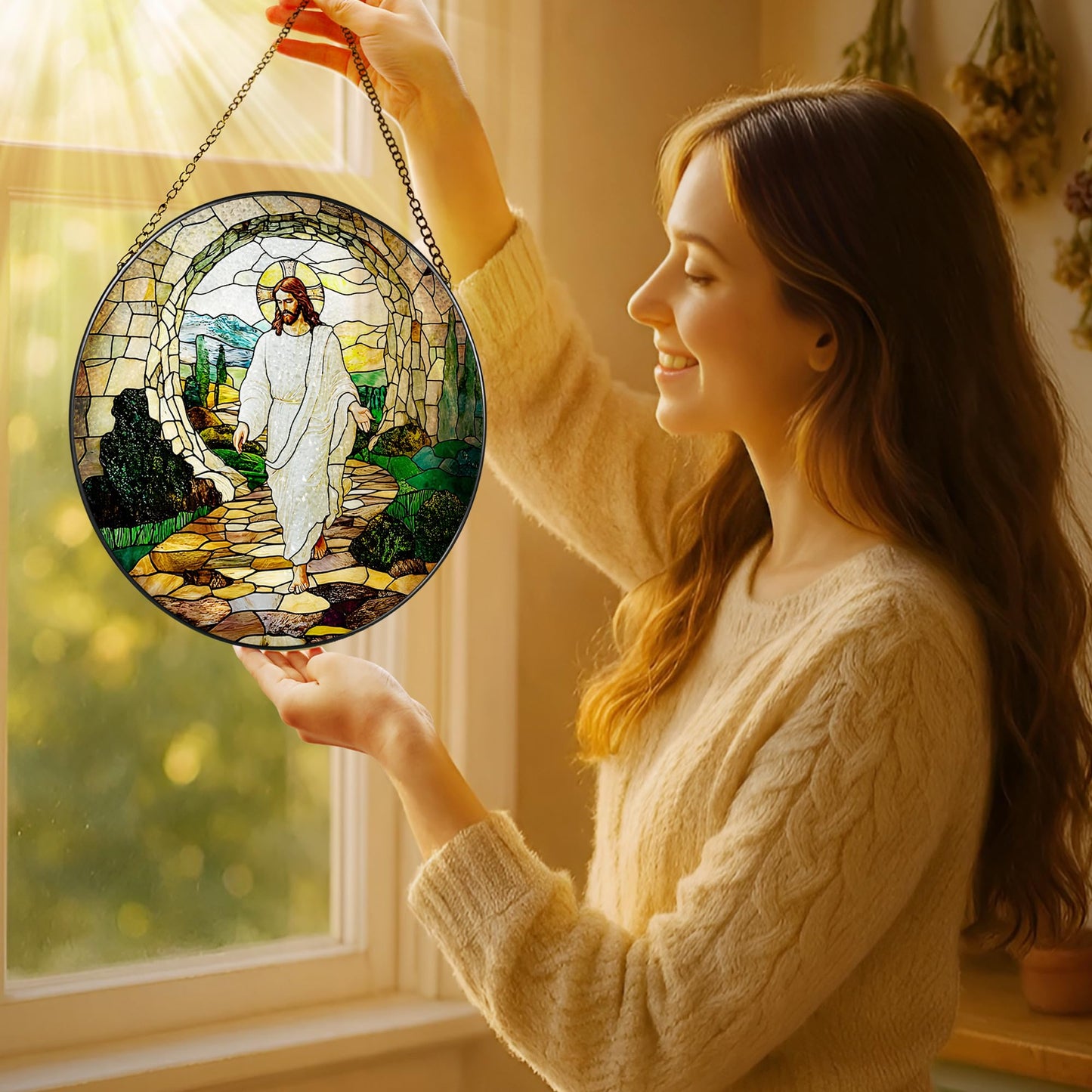 8 Inch He is Risen Resurrection of Jesus Stained Glass Suncatcher, Stained Glass Window Hanging, Sun Catchers Indoor Window Decor and Christmas, Christian Gift, Religious Gifts, Christian Home Decor