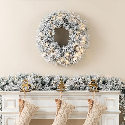 Glitzhome Pre-Lit Christmas Wreath with Lights for Front Door Wall Window Xmas Decor, Snow Flocked 24" D
