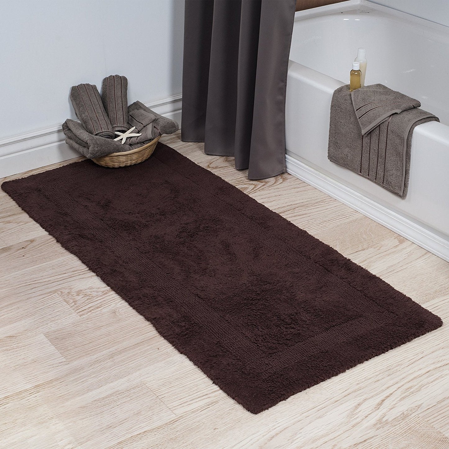 Lavish Home Reversible Long Bath Mat - 60x24-Inch Plush Cotton Bathroom Runner - Machine Washable Bath Mats for Bathroom, Kitchen, or Laundry Room (Chocolate)
