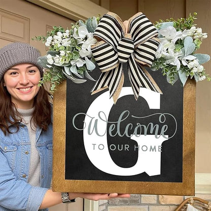 16'' Personalized Last Name Welcome Sign, Door Wreaths for Front Door Outside, Spring Wreath for Front Door Decor, Farmhouse New Home Gifts for Home (G)