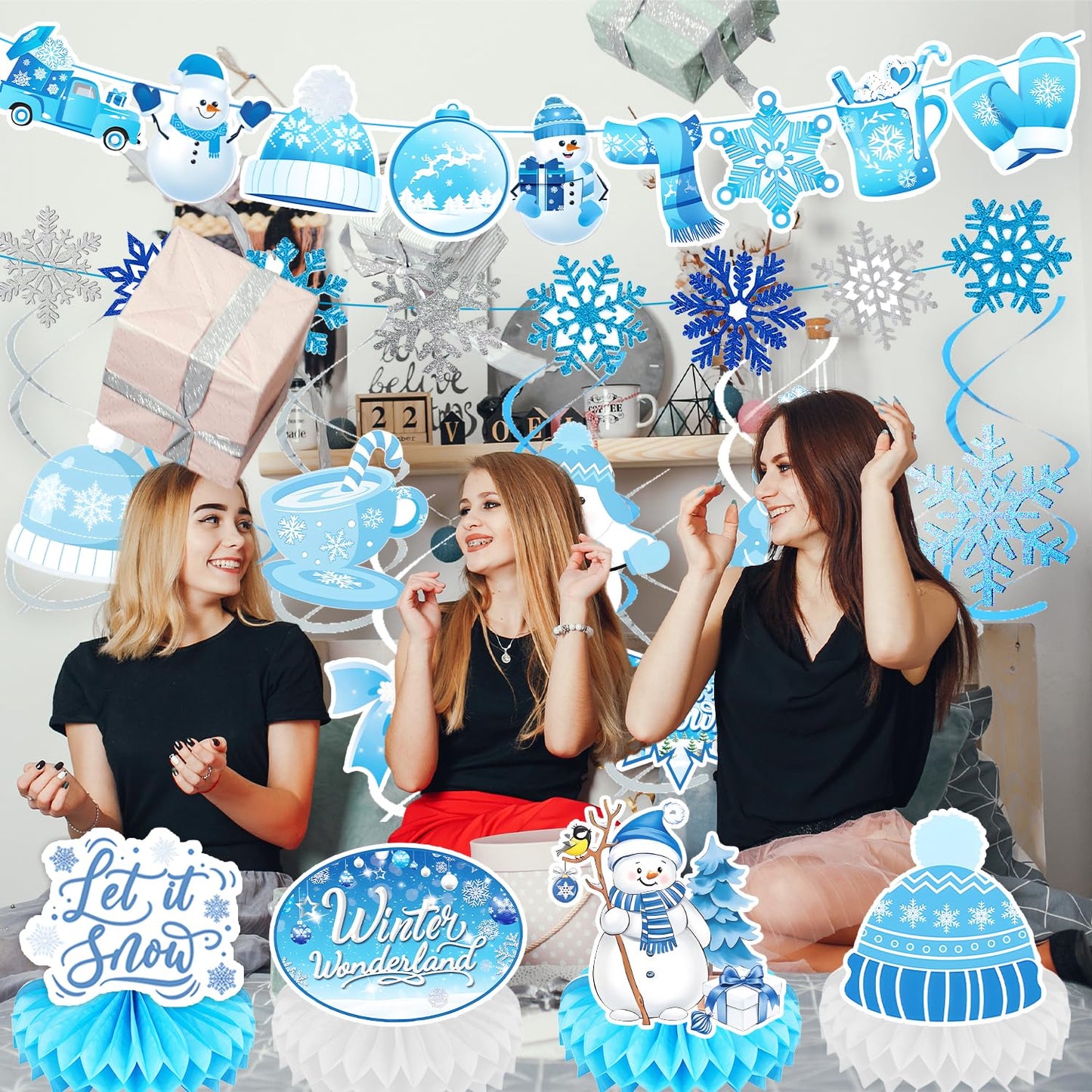 Winter Wonderland Party Decorations Winter-Themed Banner Snowflake Snowman Table Centerpieces Snowflake Frozen Ceiling Hanging Streamers for Wonderland Frozen Winter It's Snowing Party Supplies