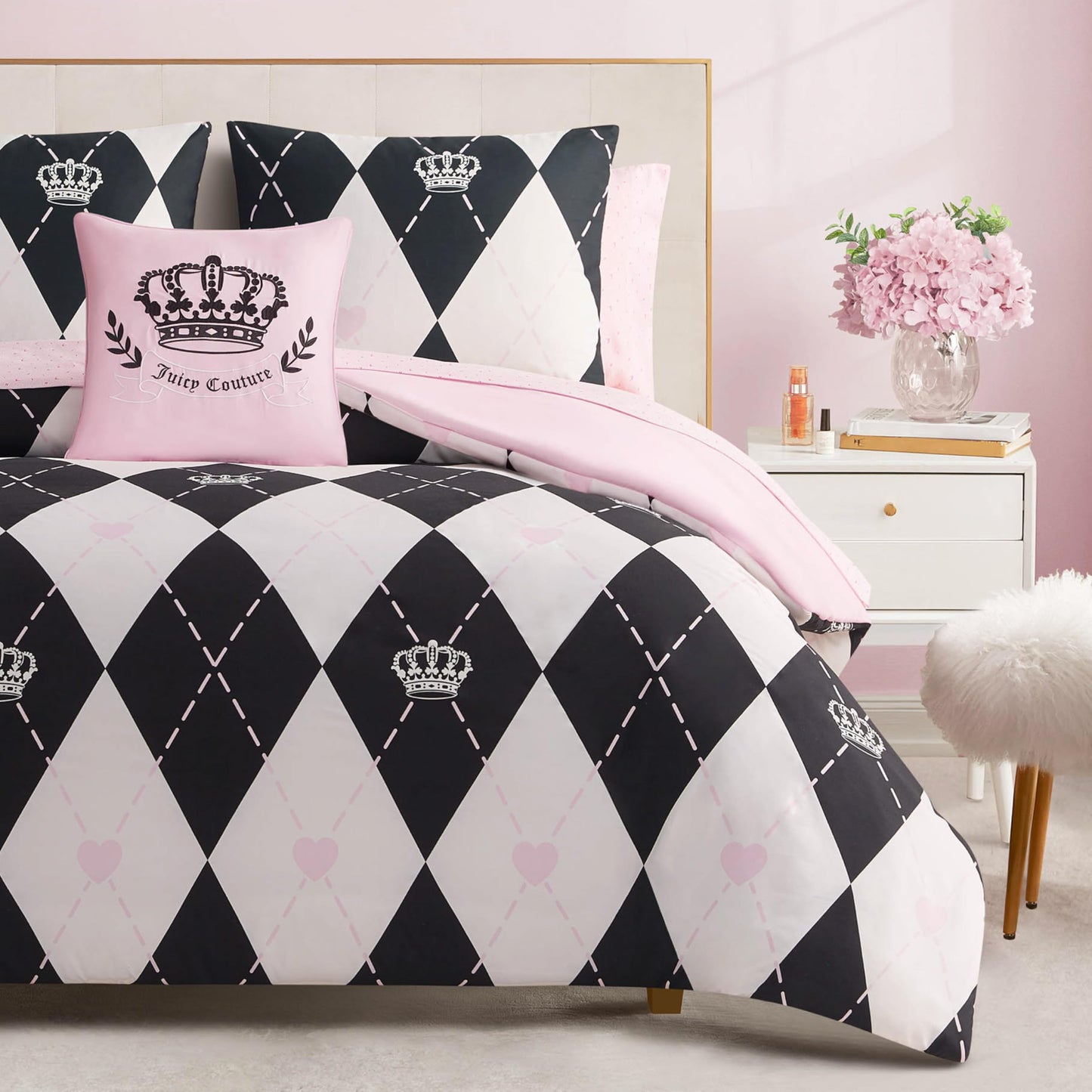 Juicy Couture Royal Argyle 8-Piece Reversible Bed in a Bag, Queen Designer Bedding Set