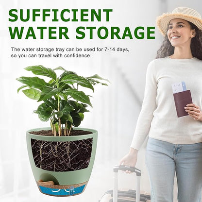 Self-Watering Plant Pots with Water Level Indicator, Drainage Holes & Saucers – 12/10/9 Inch Large Plastic Planter Set for Indoor & Outdoor Plants (Green)