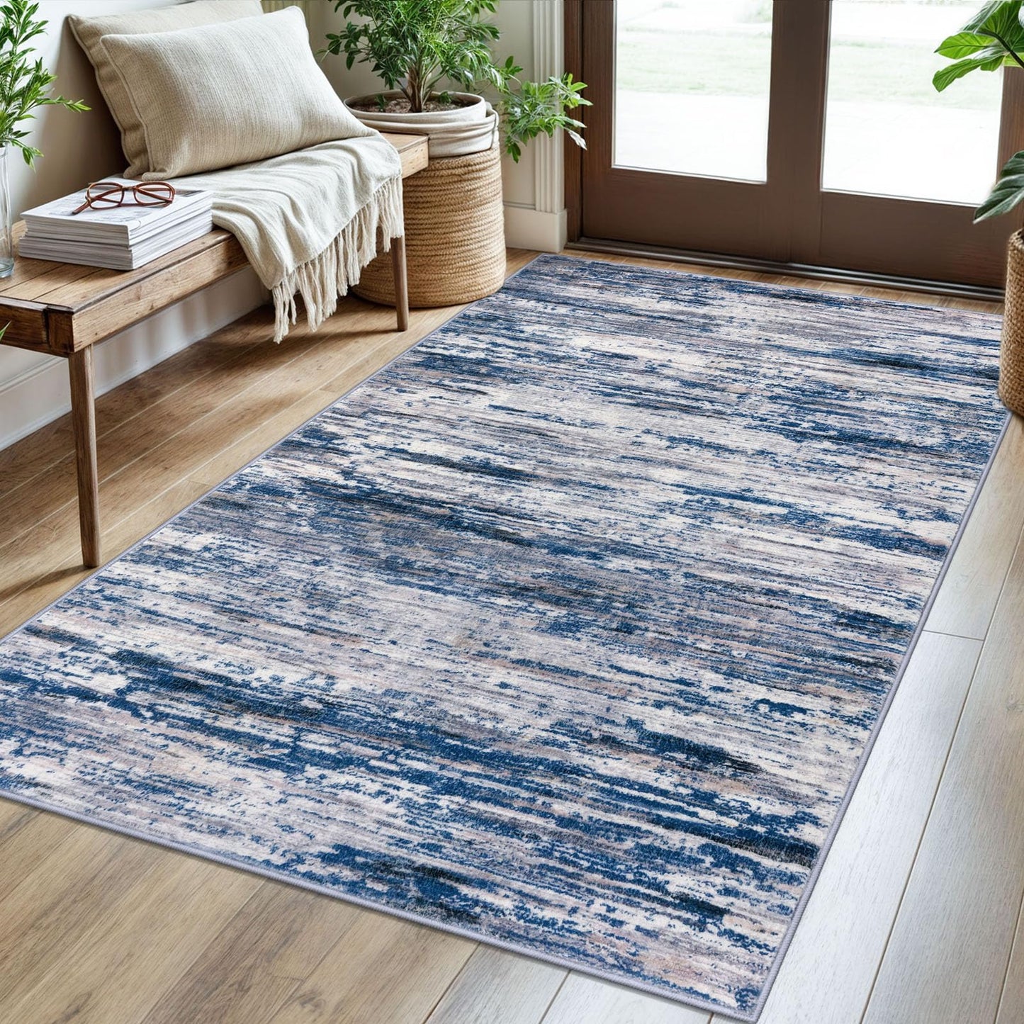 SIILOOM 3x5 Modern Abstract Area Rug for Entryway, Navy Blue Gray Neutral Multi Super Soft Washable Rug with Non-Slip, Low-Pile Door Mat Indoor for Living Room Bedroom, Carpet with Non-Shedding