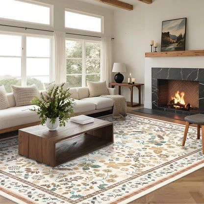 GarveeHome Rugs for Living Room 9x12 Machine Washable Soft Print Boho Low Pile Flower Area Rugs Non-Slip Backing Stain Resistant for Bedroom Farmhouse Dining Room Nursery Beige