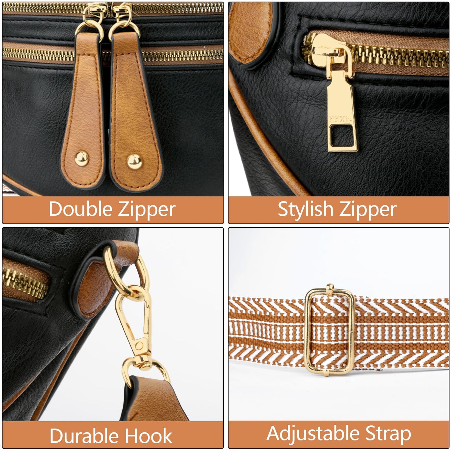 KKXIU Crossbody Sling Bag for Women Trendy Fanny Pack Vegan Leather Chest Bag(Black)