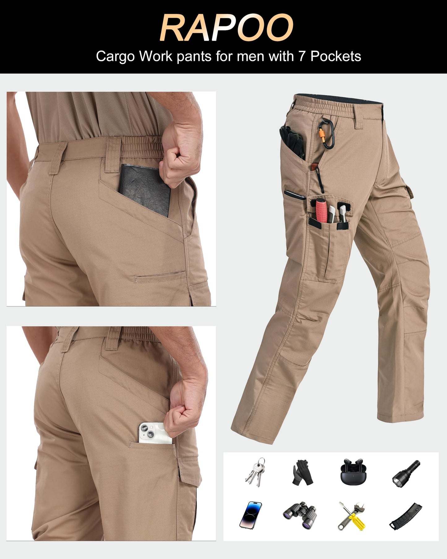 Rapoo Cargo Pants for Men Work Hiking Tactical Army Casual Pants for Men with Multi Pockets Water Resistant Mens Ripstop Breathable Outdoor Pants Khaki 42Wx34L