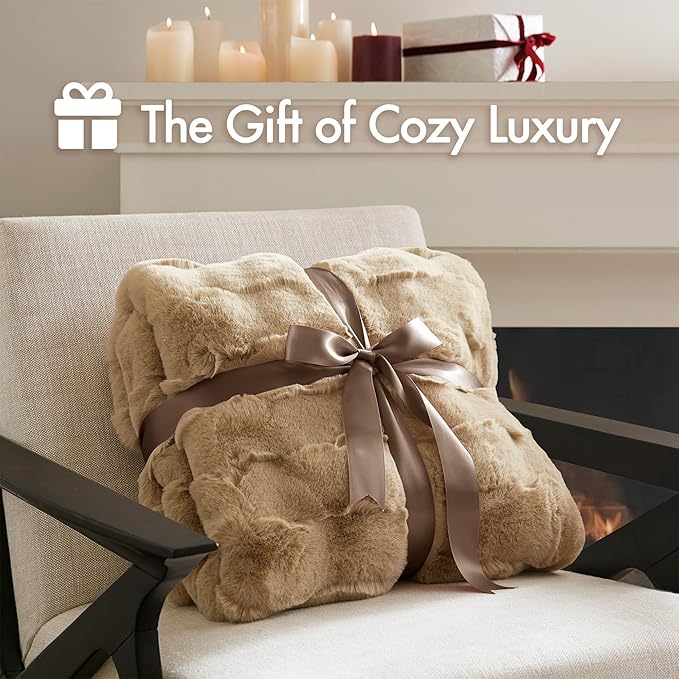 Madison Park Luxuriously Cozy Soft Long Faux Fur Basketweave Blanket, Reversible Soft & Snuggly Velvet Throw, Lightweight, Breathable, All Season, Trendy Room Décor, 50x60, Tan
