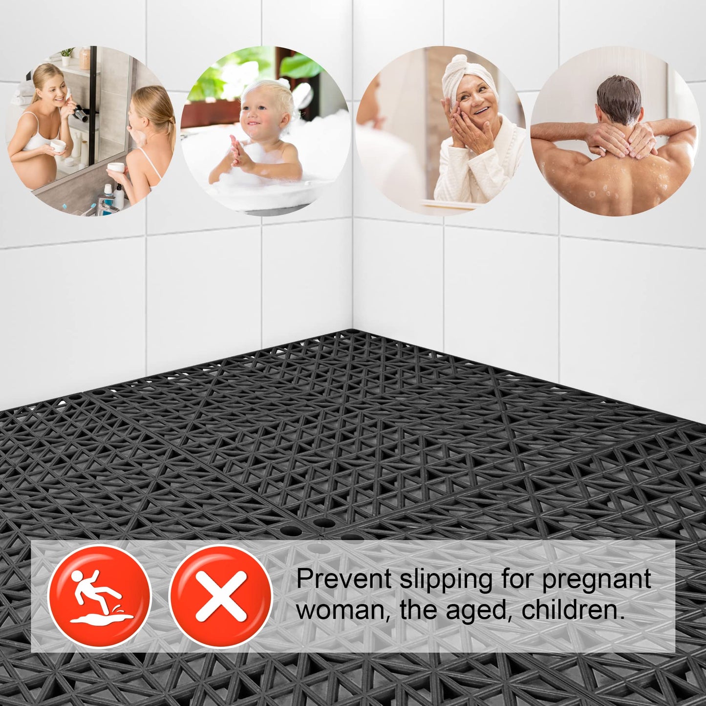 MYFAMIREA Modular Interlocking Cushion 12 Pack 11.8" x 11.8" Rubber Floor Tiles Non-Slip Splicing Drainage Mats for Deck, Pool, Outdoor Shower, Patio, Balcony, Indoor Bathroom, Kitchen, Yard (Black)