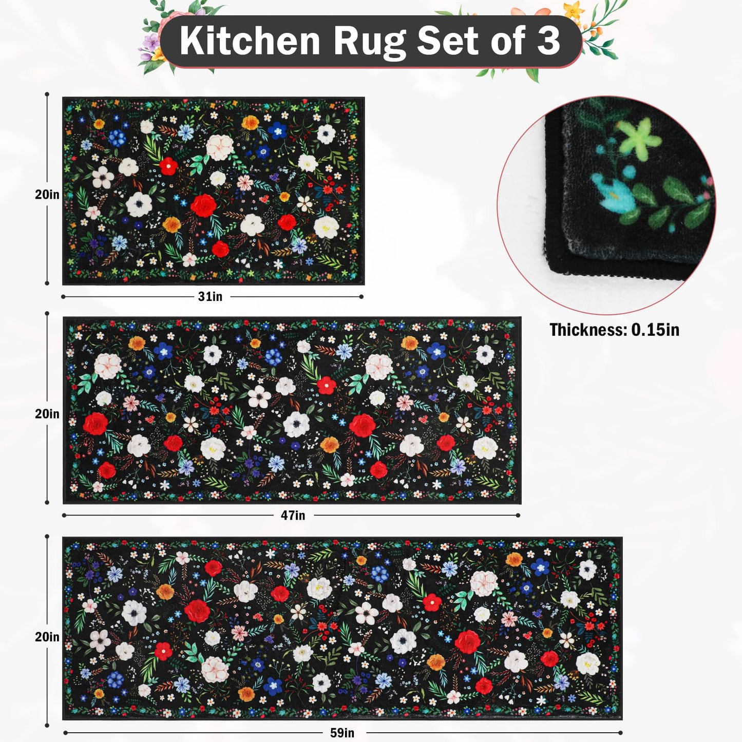 PCSWEET HOME Floral Kitchen Rug Sets 3 Piece, Washable Kitchen Mats for Floor Non Slip Soft Thick Kitchen Floor Mat Carpet Runner Rugs for Hallway Laundry Room, Black