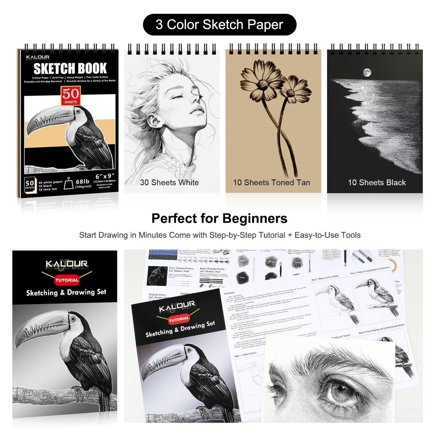 KALOUR PDAS 112 Drawing Set Sketch Kit, Pro Art Supplies with 3-Color Sketchbook, Graphite, Charcoal Pencils, Art Drawing Kit for Artists Adults Teens Beginners, Ideal for Shading & Blending