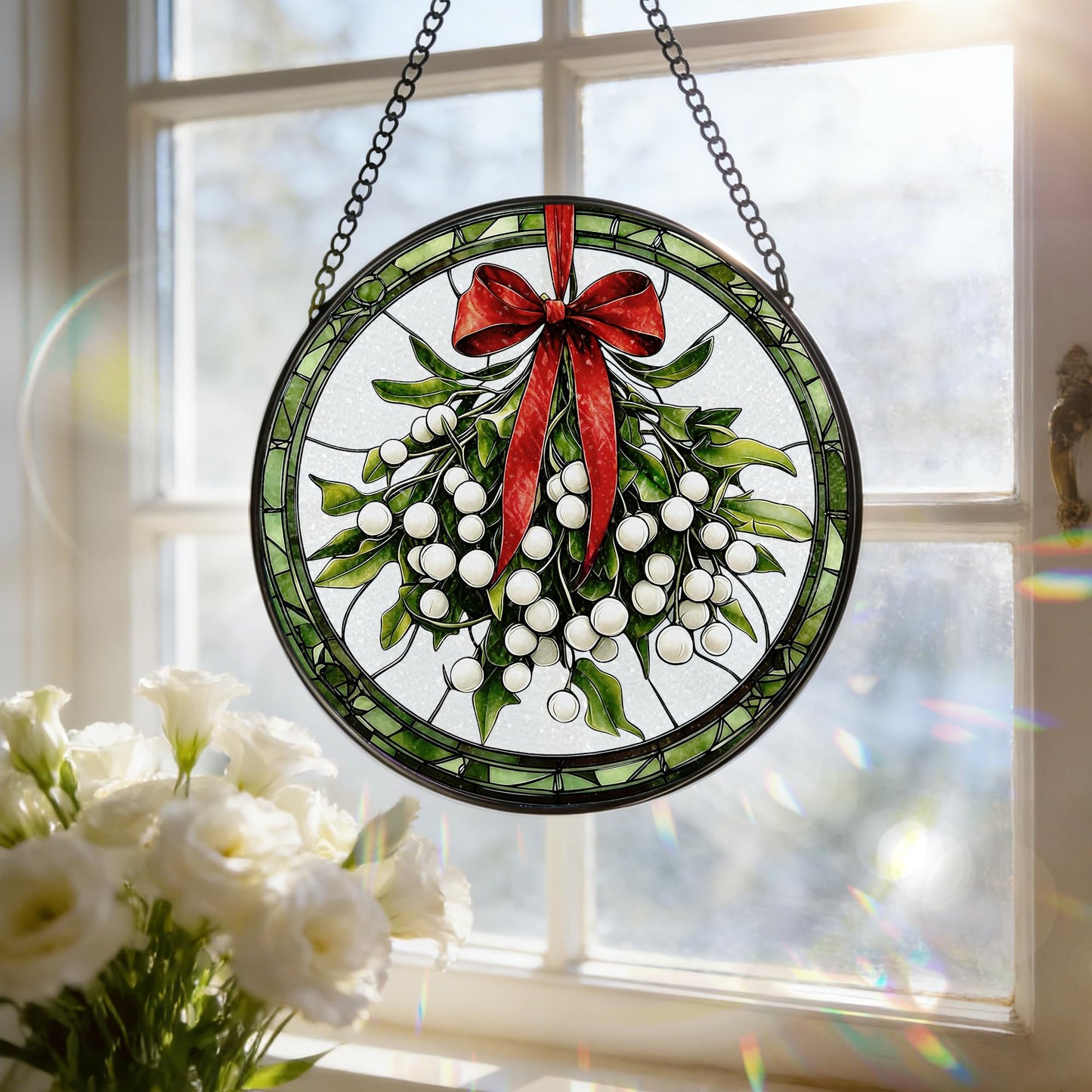 Stained Glass Window Hanging, 7.8 Inch Mistletoe Stained Glass Suncatcher, Sun Catchers Indoor Window Ornament, Christmas Window Decor, Gifts for Christmas, Valentine’s Day, Housewarming, Birthday