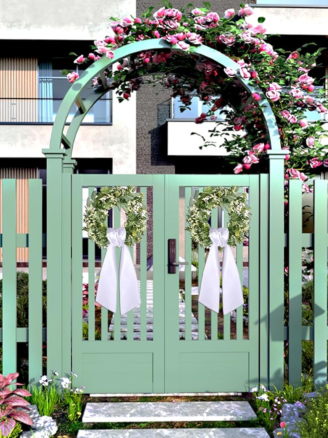 Spring Wreaths for Front Door 18" Eucalyptus Wreath and 56" x 4.5" Sash Decor Green Leaves Decorations Outside