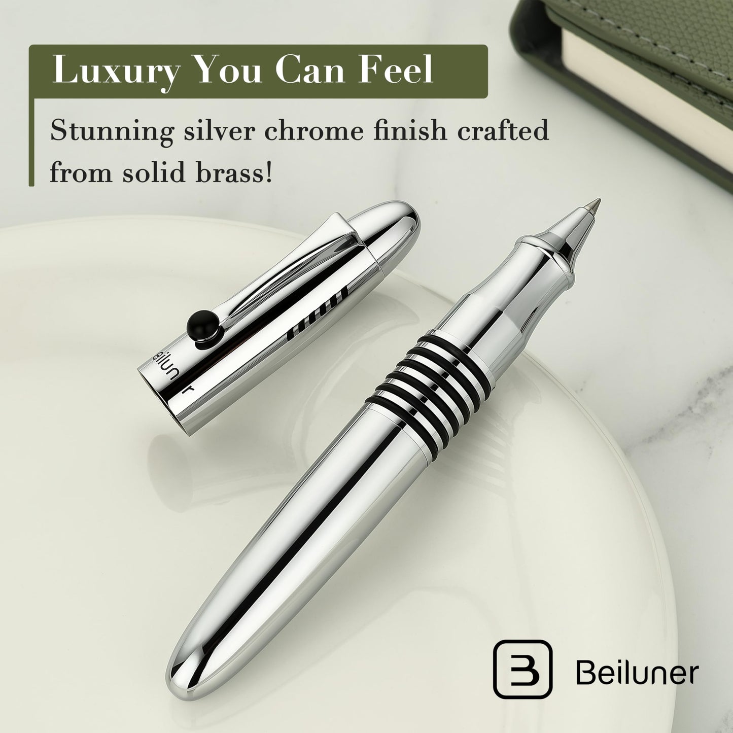 BEILUNER 320 Silver Chrome Rollerball - Stunning Luxury Pen with Chrome Finish, EDC, Heavy, Schmidt Black Ink Refill, Best Gift Set for Men & Women, Professional, Executive Office, Nice Classic Pens