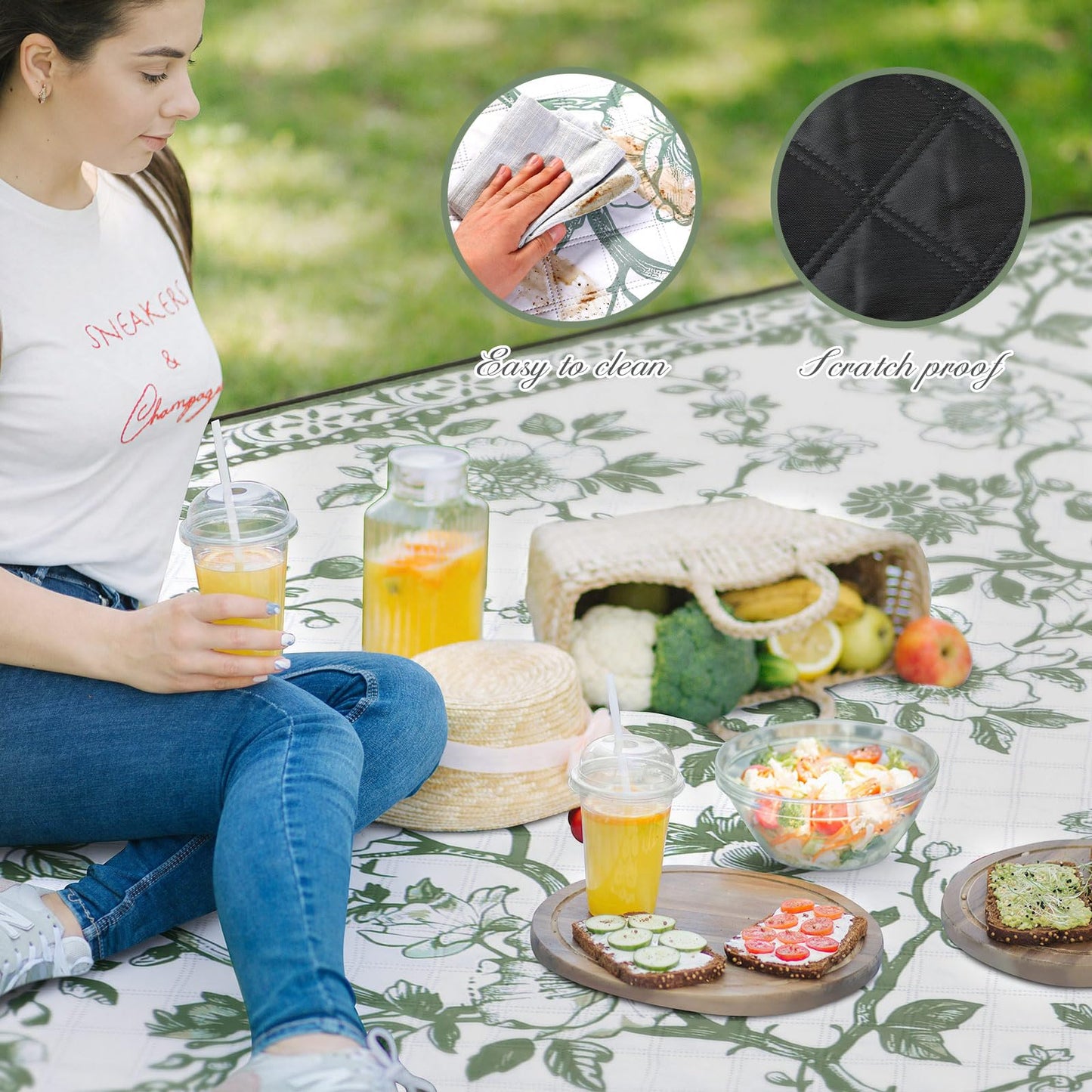Newwiee 80 x 80 Inch Green Floral Picnic Blanket Extra Large Outdoor Chinoiserie Picnic Mat with Carry Strap Waterproof Sandproof Blanket Foldable Portable for Beach Camping Grass Lawn Park
