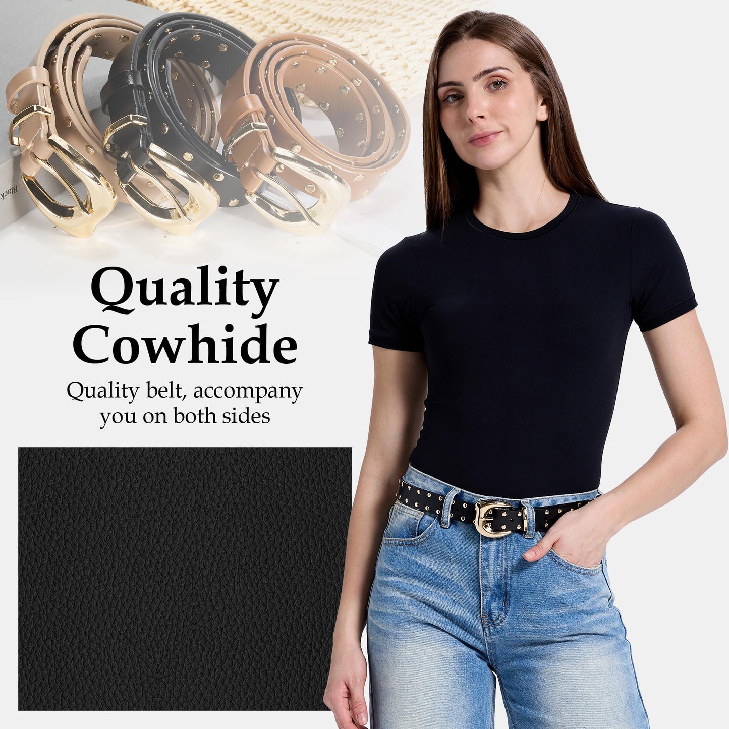 Asaloy Women's Studded Genuine Leather Belts,Adjustable Womens Waist Belts for Jeans Dresses and Pants Punk Belt (Black gold+White gold belt(2P), Waist circumference 27-36 inches)