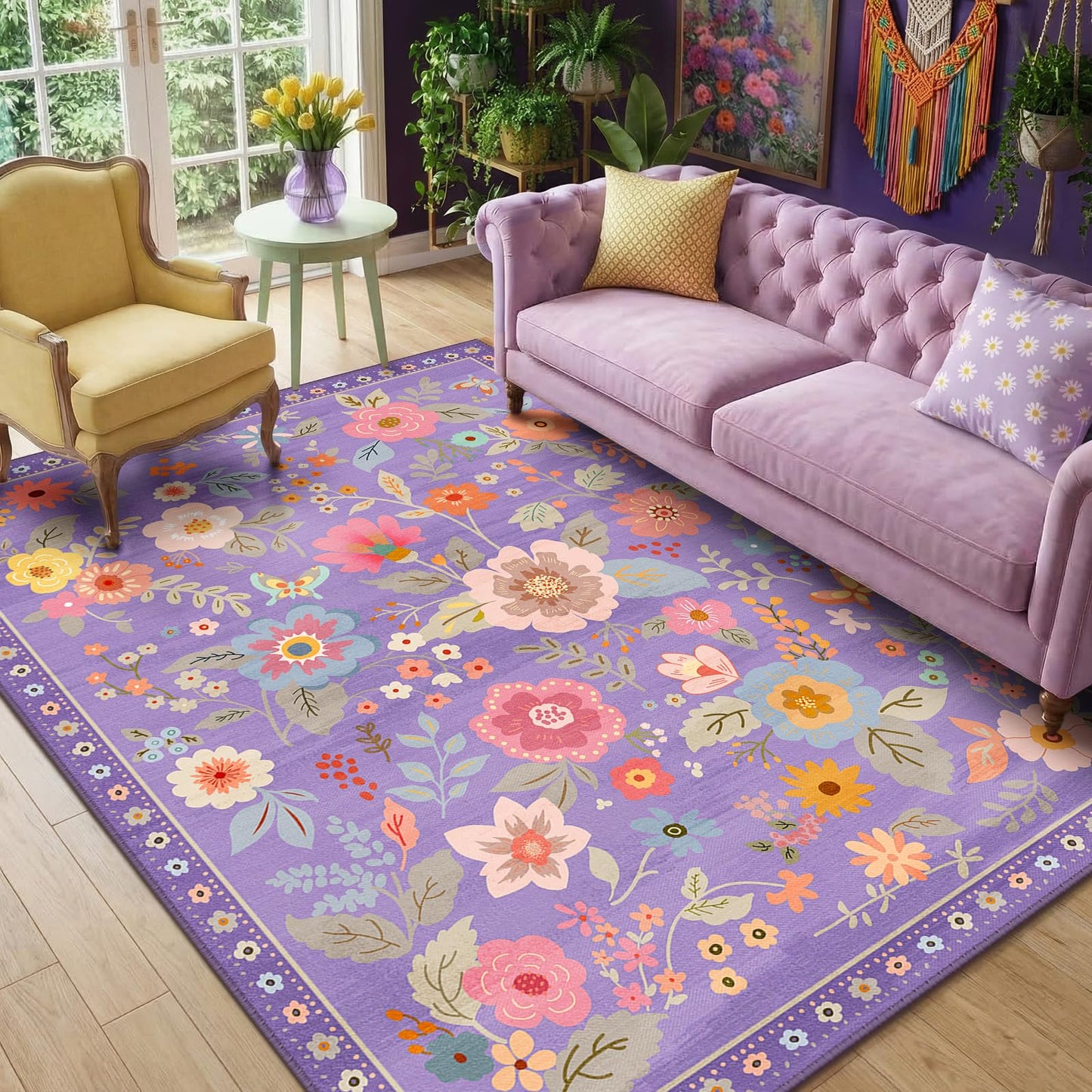 RELEANY Floral 5x7 Area Rugs Washable Print Boho Cute Carpet Non Slip Flower Low Pile for Living Room Bedroom Kitchen Office Farmhouse-Purple/Pink/Multi