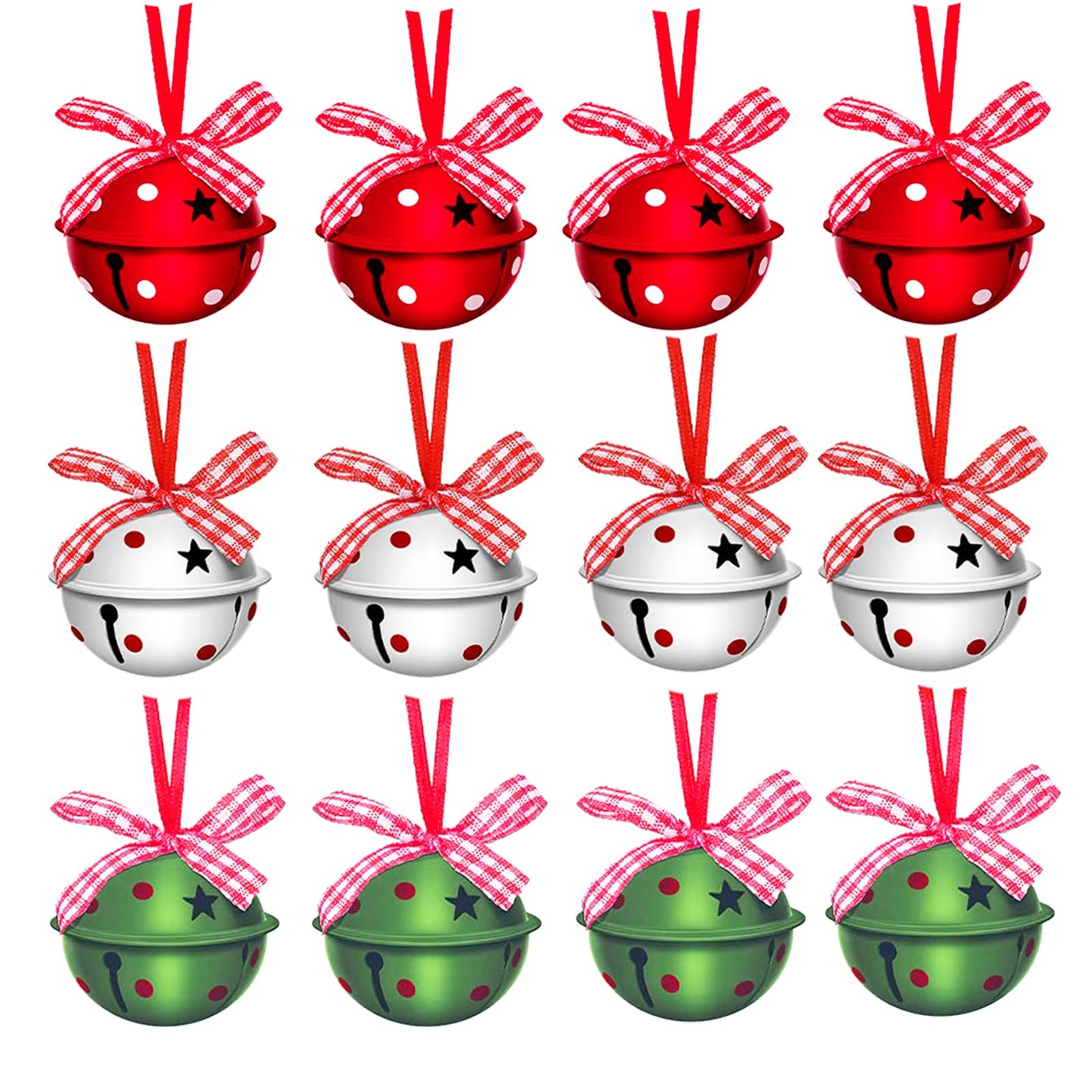 Christmas Jingle Bells 2" Star Cutouts Metal Decorative Bells with Ribbons for Xmas Tree Ornaments Wreath Festival Crafts Home Decorations (12 Pcs)