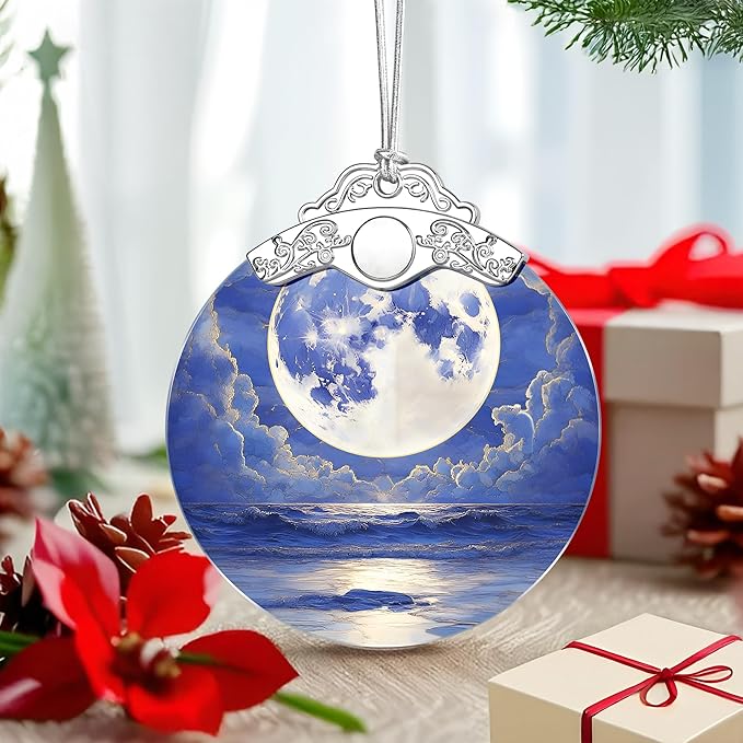 Full Moon Over Ocean Ornament – Christmas Decoration & Christmas Ornament; Stained Glass Holiday Decoration (Holiday Present, Bauble Present, Gift Idea, Gift Exchange) | Heirloom Keepsakes