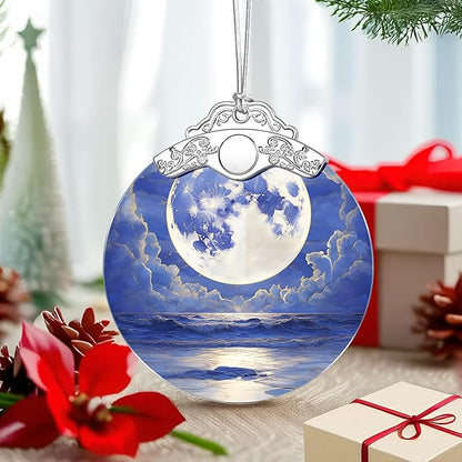 Full Moon Over Ocean Ornament – Christmas Decoration & Christmas Ornament; Stained Glass Holiday Decoration (Holiday Present, Bauble Present, Gift Idea, Gift Exchange) | Heirloom Keepsakes