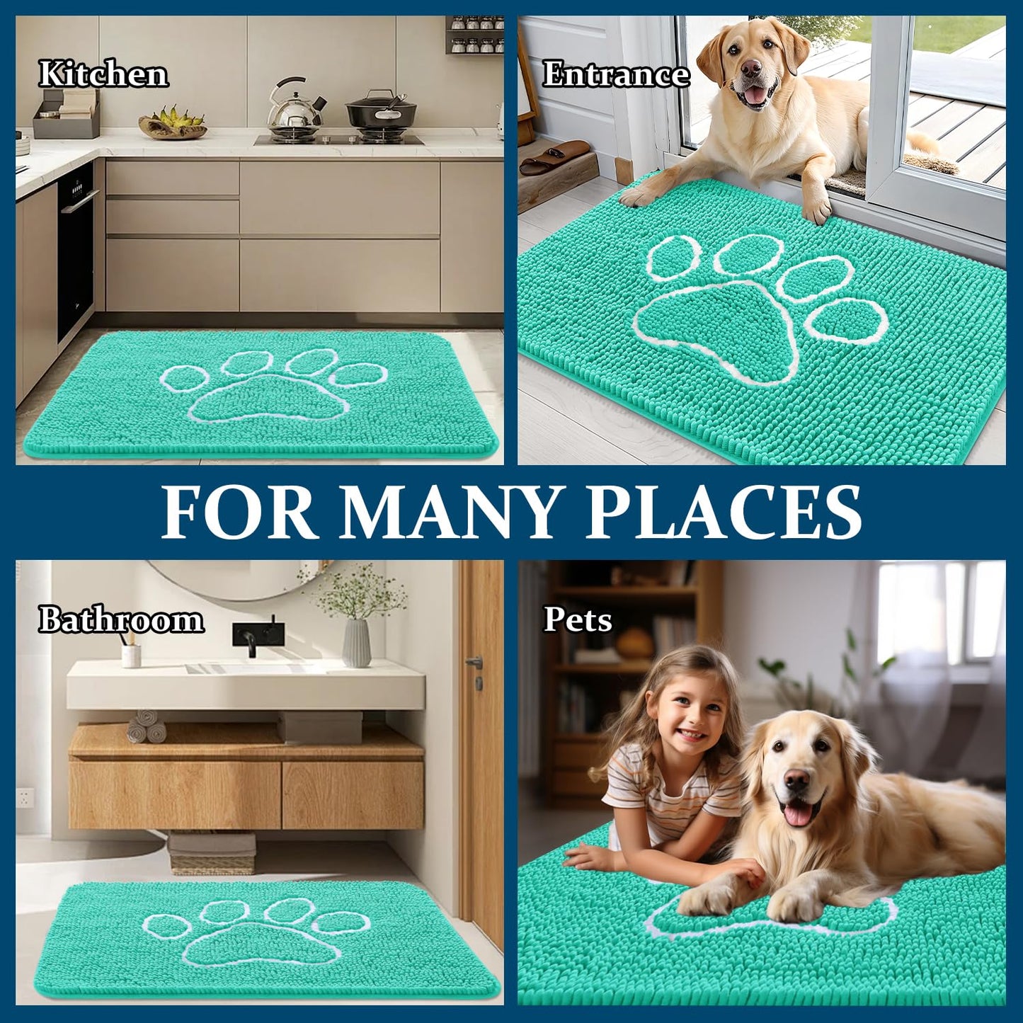 OLANLY Dog Door Mat for Muddy Paws 59x35, Paw Print Design, Absorbs Moisture and Dirt, Absorbent Non-Slip Washable Doormat, Quick Dry Chenille Mud Mat for Dogs, Entry Indoor Entryway Carpet, Teal