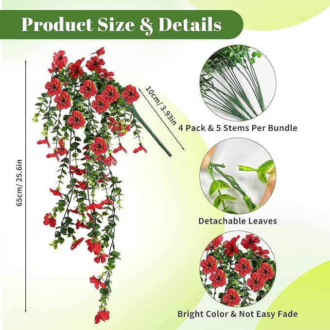 Artificial Fake Hanging Flowers Plants for Outdoor Spring Summer Decoration, 4pcs Faux Silk Realistic UV Sun Resistant Daisy for Outside Porch Patio Window Box Yard Home Decor (Red)