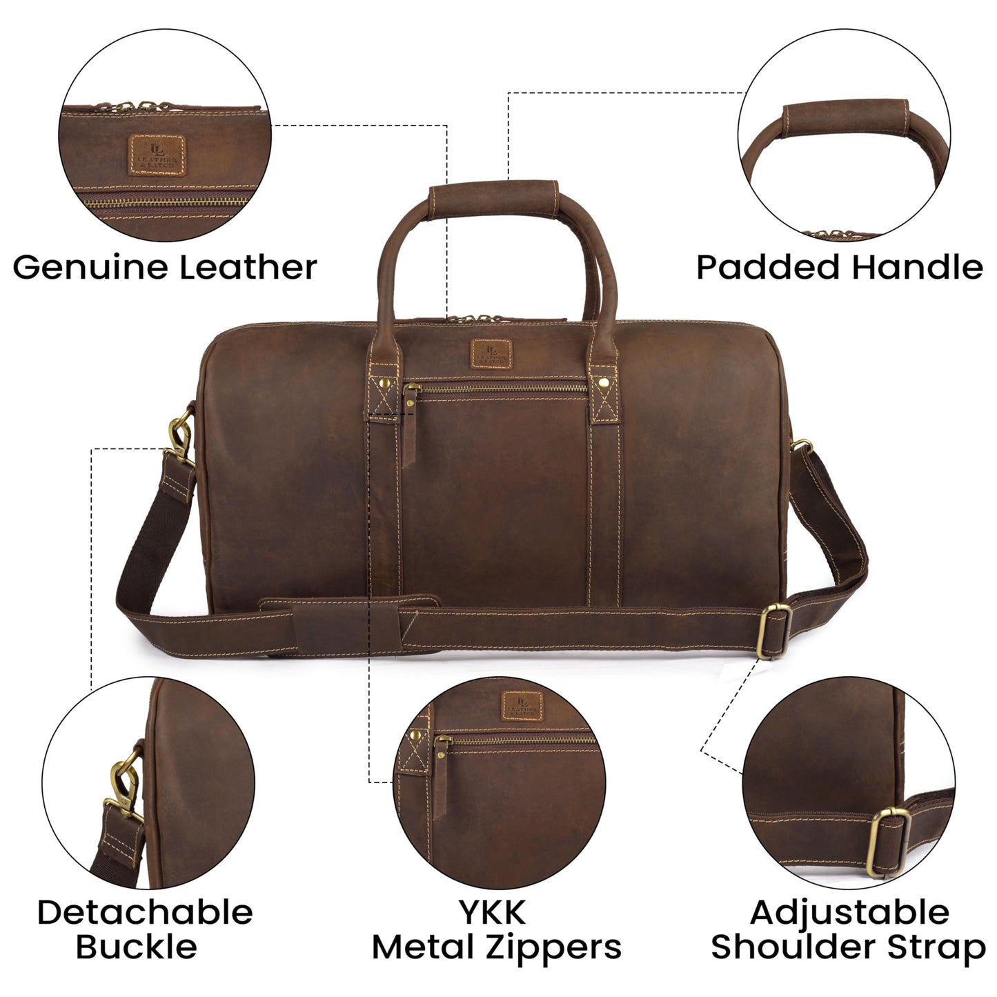 Genuine Leather Duffle Bag for Men & Women – Stylish Travel Weekender Bag with Shoulder Strap – Overnight, Gym, or Carry-On Luggage Bag – Vintage Brown
