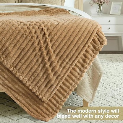 decorUhome Soft Fleece Brown Blanket Queen Size for Bed, Cozy Fluffy Plush Flannel Large Striped Throws for Couch Sofa, Lightweight Decorative Fuzzy Blanket for Woman, 90x90 Inches