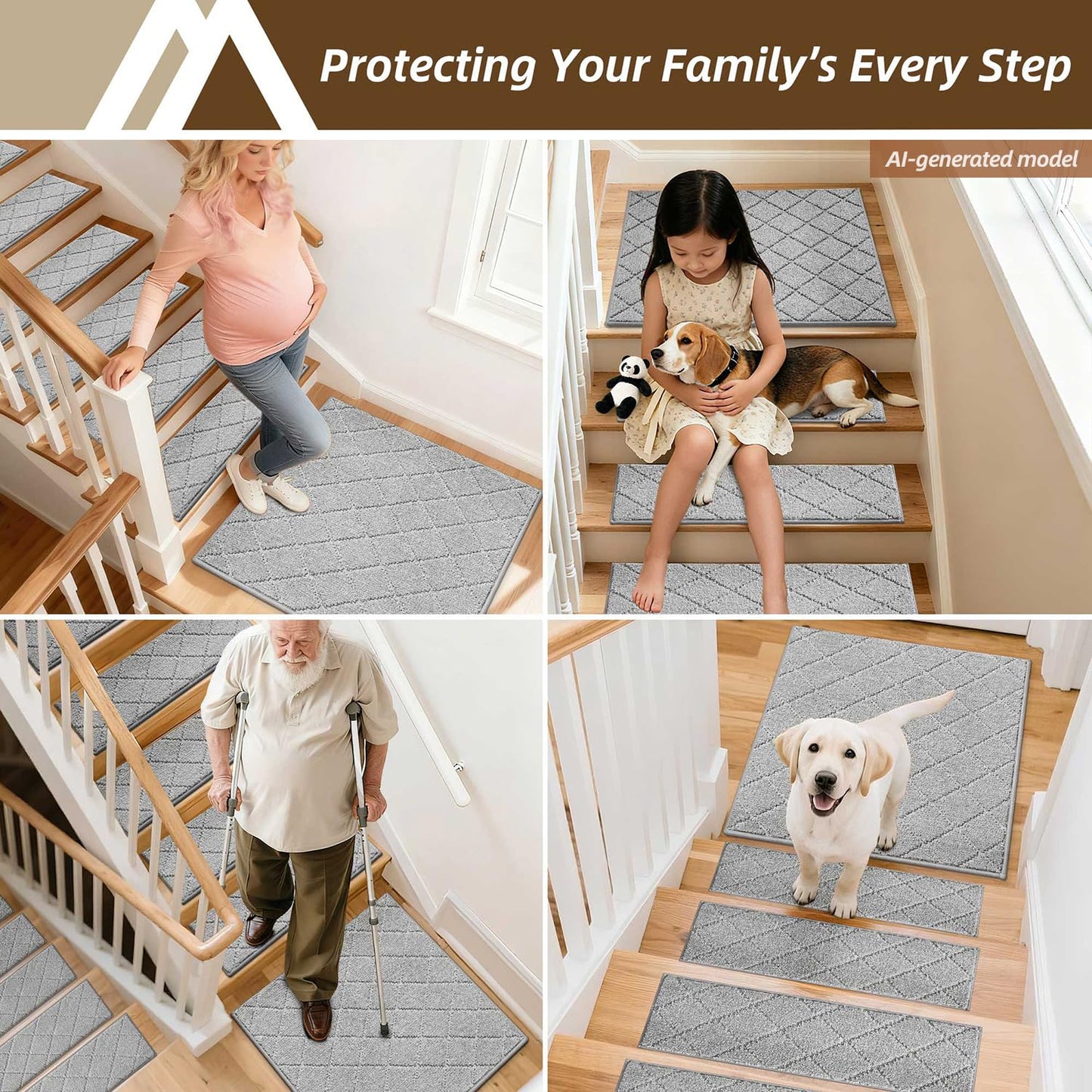 COSY HOMEER Edging Stair Treads Non-Slip Corner Indoor Stair Runners for Wooden Steps,Landing Slip Resistant Stair Rugs Mat for Kids and Dogs,100% Polyester TPE Backing,Grey,30x30 inch