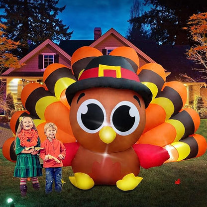 Thanksgiving Inflatables Turkey Outdoor Decorations 8FT Fall Inflatable Turkey with Built-in LED Lights with Big Tail Blow up Outdoor Lawn Yard Decoration